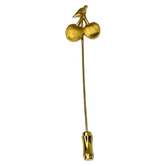 Vintage Trifari Gold Tone Cherry Apple Stick Pin Brooch 3" - Picture 1 of 8